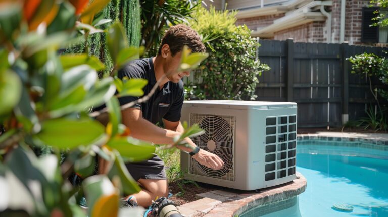 technicien travaillant sur une pompe à chaleur pour piscine